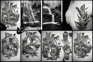 small jungle waterfall with wildlife tattoo idea