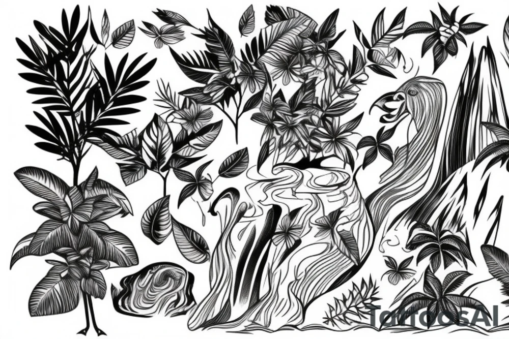 tall jungle waterfall with wildlife tattoo idea