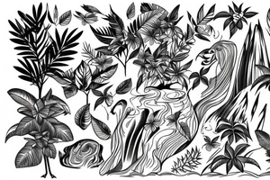 tall jungle waterfall with wildlife tattoo idea