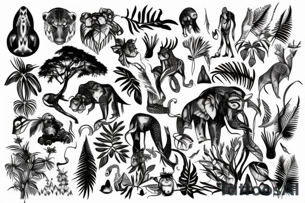 tall jungle waterfall with wildlife tattoo idea