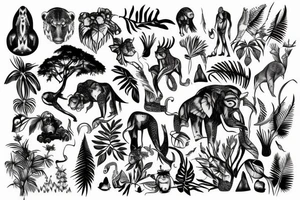 tall jungle waterfall with wildlife tattoo idea