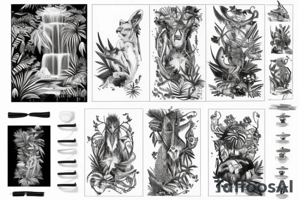 tall jungle waterfall with wildlife tattoo idea