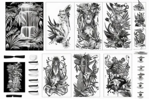 tall jungle waterfall with wildlife tattoo idea