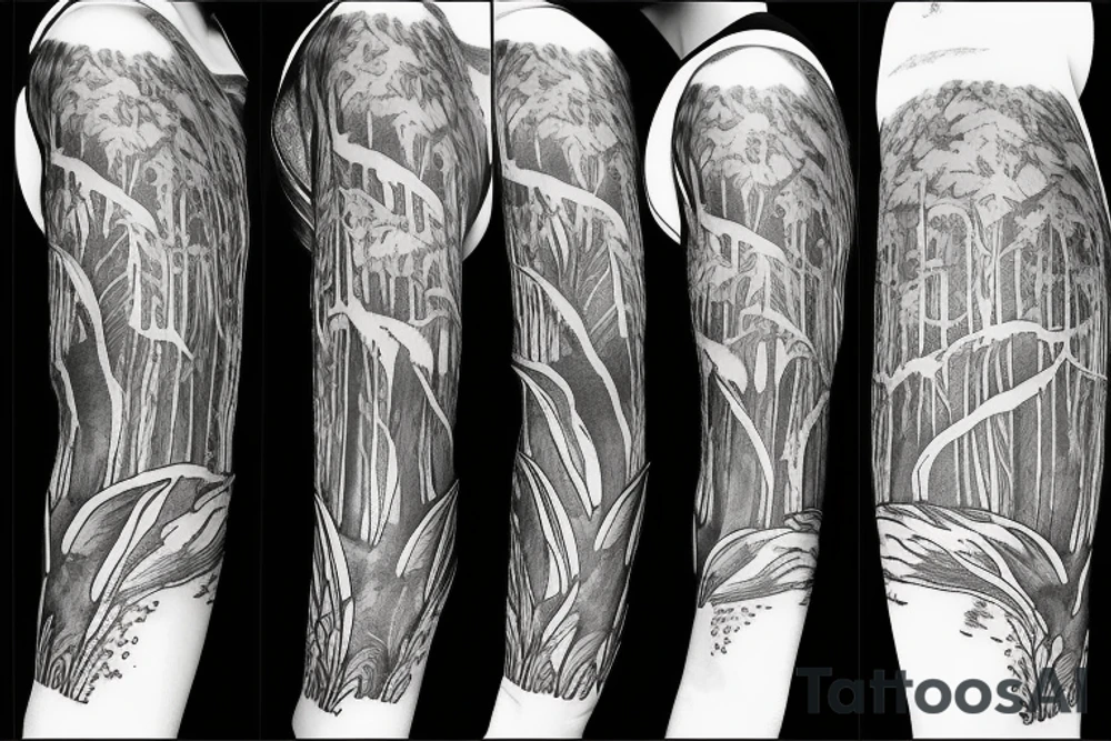 tall jungle waterfall with wildlife tattoo idea