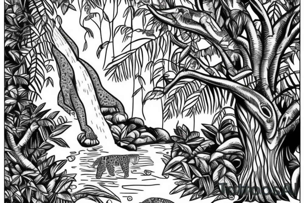 tall jungle waterfall with jaguar lurking in a tree tattoo idea