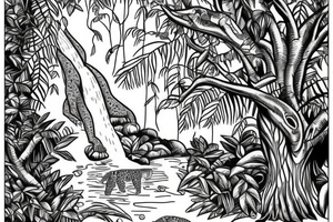 tall jungle waterfall with jaguar lurking in a tree tattoo idea
