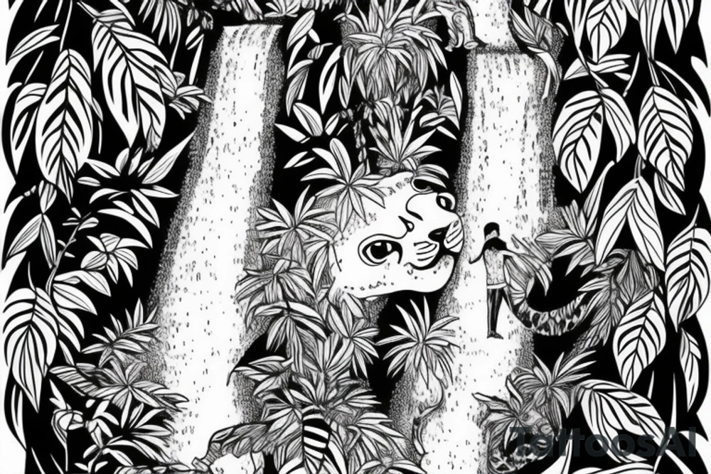 tall jungle waterfall with jaguar lurking in a tree tattoo idea