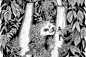 tall jungle waterfall with jaguar lurking in a tree tattoo idea