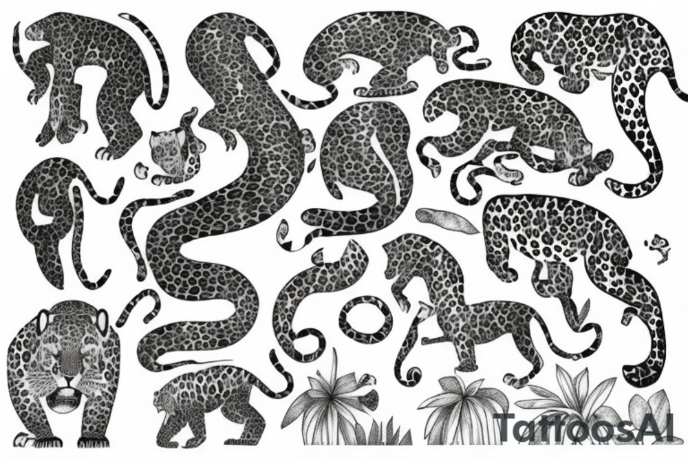 tall jungle waterfall with jaguar lurking in a tree tattoo idea