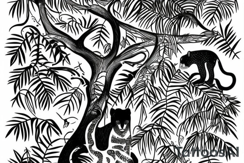 tall jungle waterfall with jaguar lurking in a tree tattoo idea