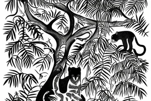 tall jungle waterfall with jaguar lurking in a tree tattoo idea