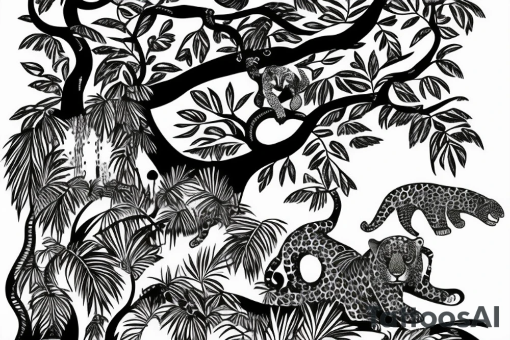 tall jungle waterfall with jaguar lurking in a tree tattoo idea