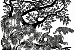 tall jungle waterfall with jaguar lurking in a tree tattoo idea
