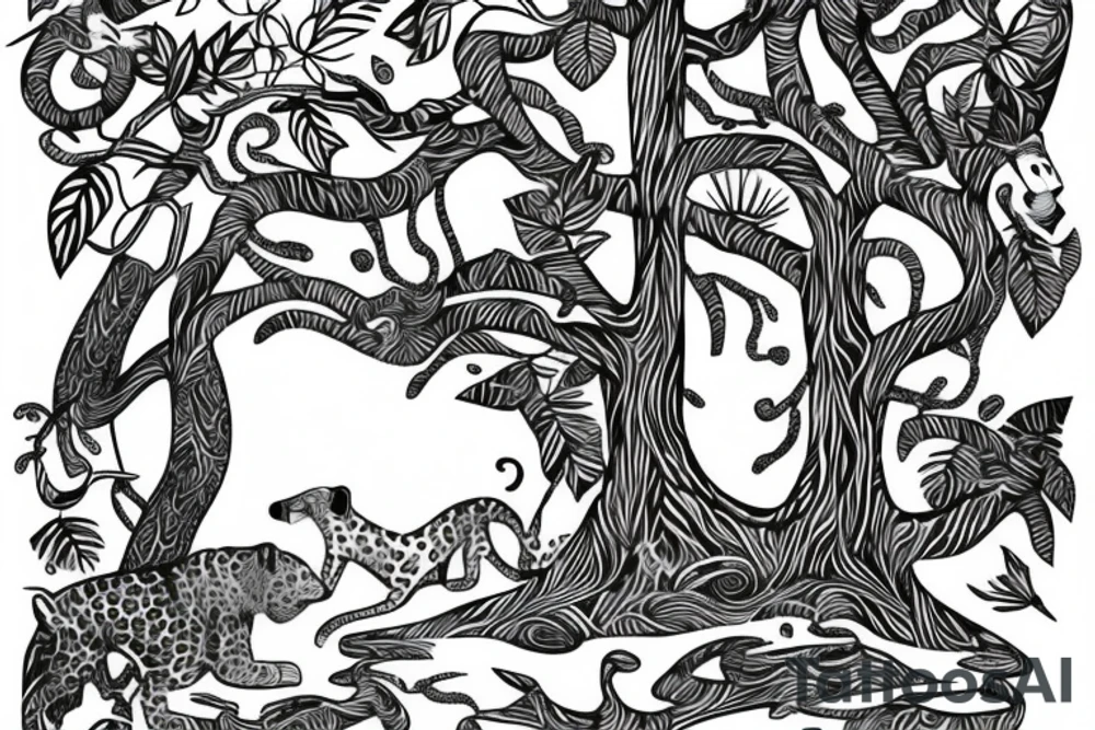 tall jungle waterfall with jaguar lurking in a tree tattoo idea