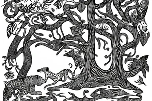 tall jungle waterfall with jaguar lurking in a tree tattoo idea
