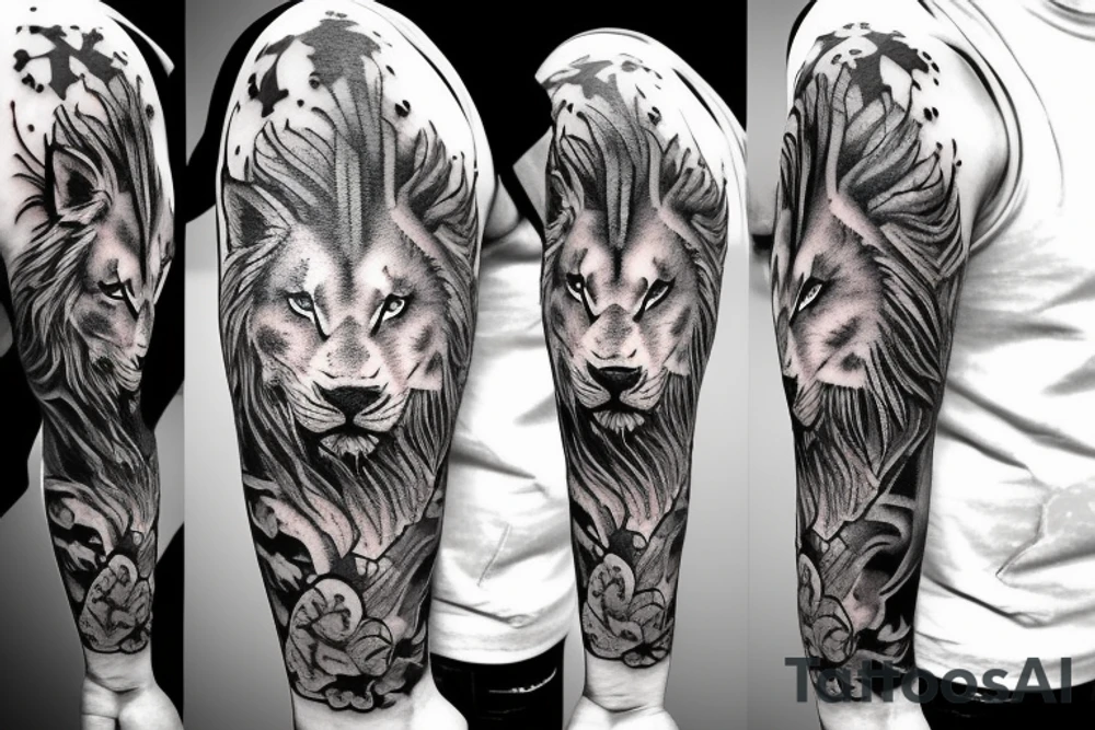 lion and wolf with a broken clock tattoo idea