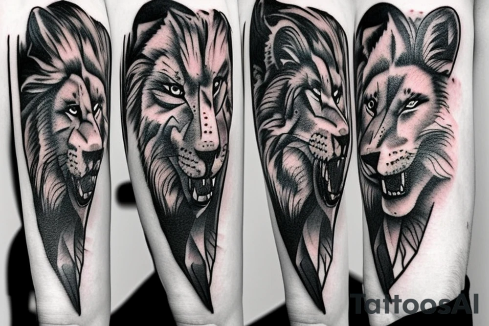lion and wolf with a broken clock tattoo idea