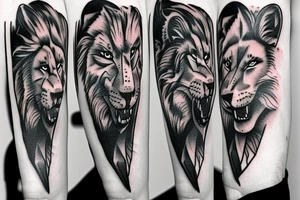 lion and wolf with a broken clock tattoo idea