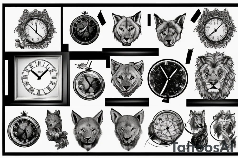 lion and wolf with a broken clock tattoo idea