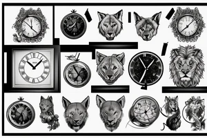 lion and wolf with a broken clock tattoo idea