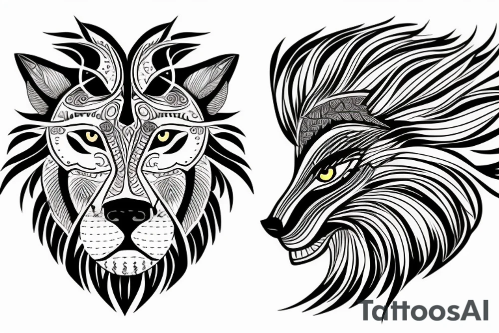 lion and wolf with a broken clock tattoo idea