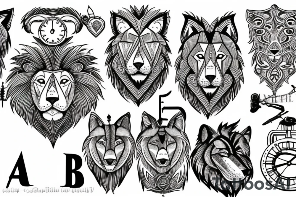 lion and wolf with a broken clock tattoo idea
