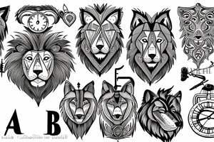 lion and wolf with a broken clock tattoo idea