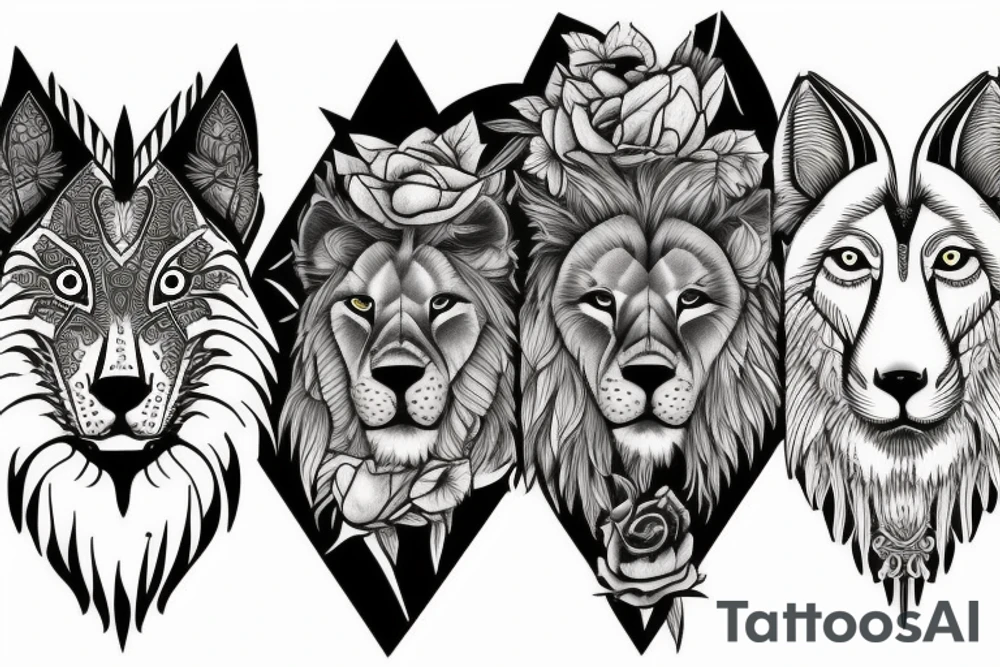 lion and wolf with a broken clock tattoo idea