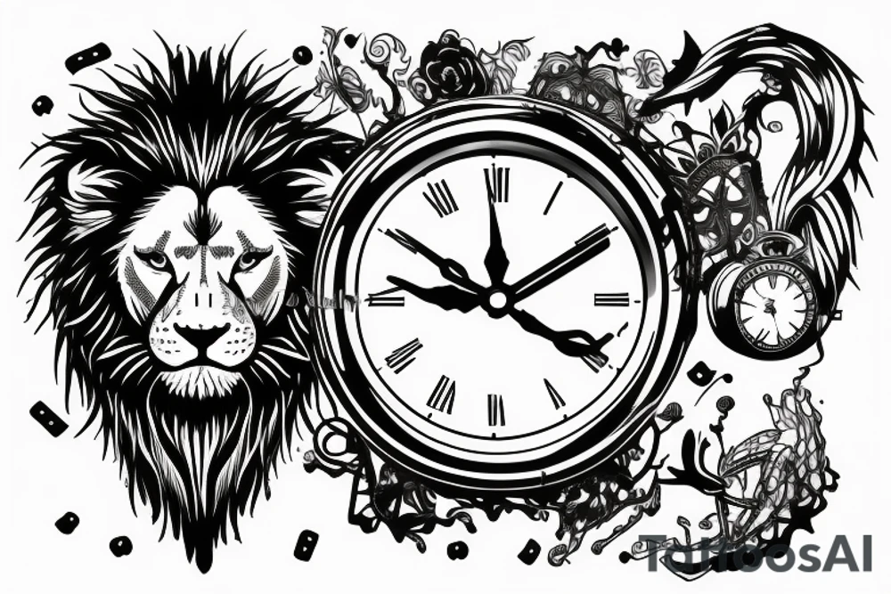 lion with a broken clock tattoo idea