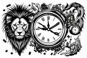 lion with a broken clock tattoo idea