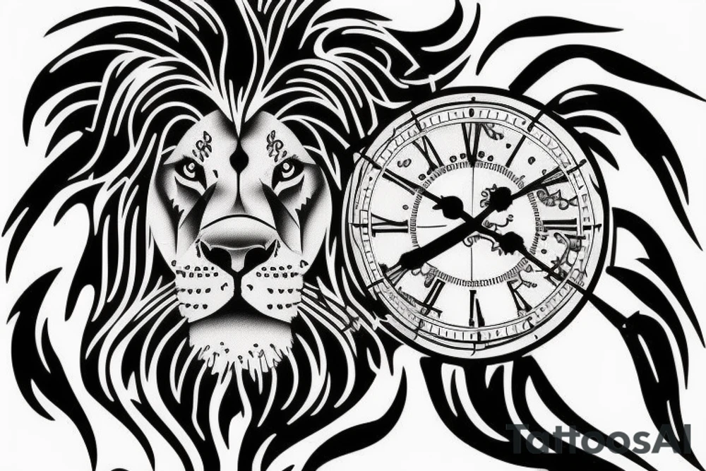 lion with a broken clock tattoo idea