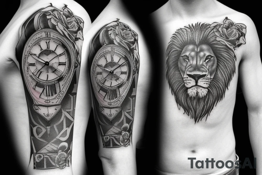 lion with a broken clock tattoo idea
