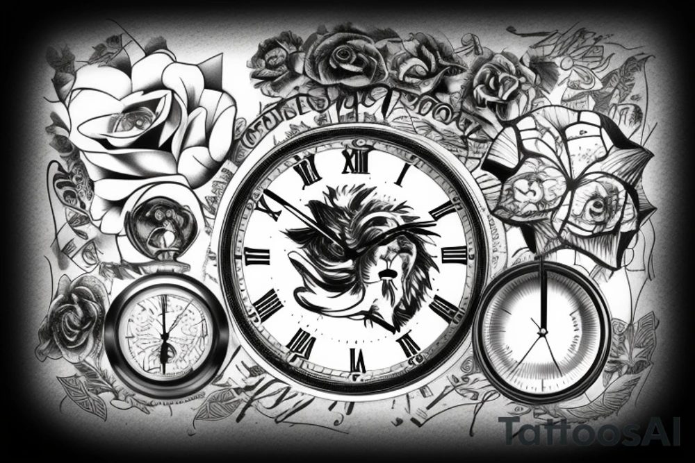 lion with a broken clock tattoo idea