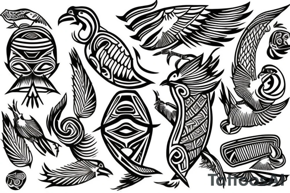Soaring bird filled in with traditional Cook-island & Maori patterns tattoo idea