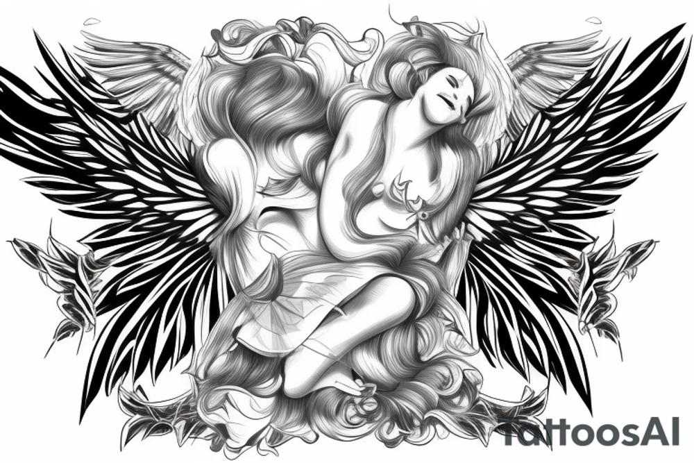 Angel flying, symmetrical wings curving down tattoo idea