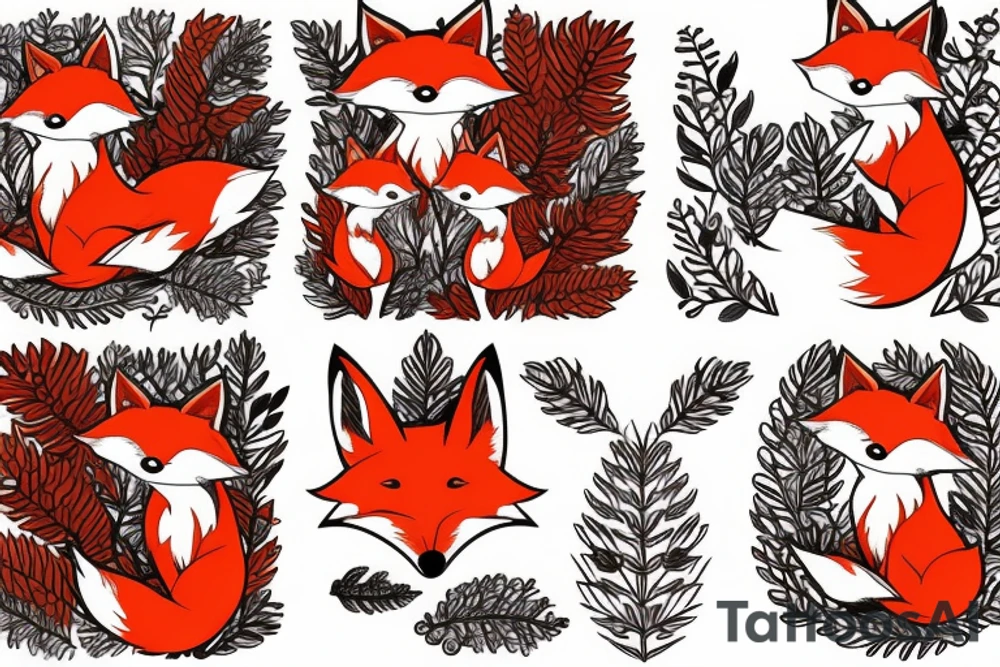 Two foxes intertwined, Red fox Autumn leaves + white fox winter snowflakes. tattoo idea