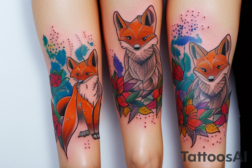 Twin foxes tattoo, side thigh. tattoo idea