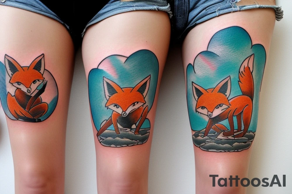 Twin foxes tattoo, side thigh. tattoo idea
