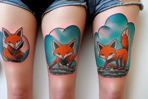 Twin foxes tattoo, side thigh. tattoo idea