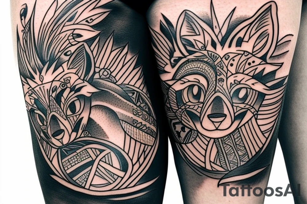 Twin foxes tattoo, side thigh. tattoo idea