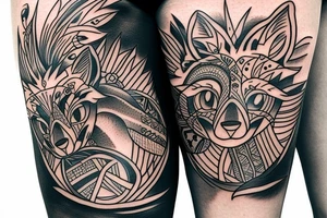 Twin foxes tattoo, side thigh. tattoo idea