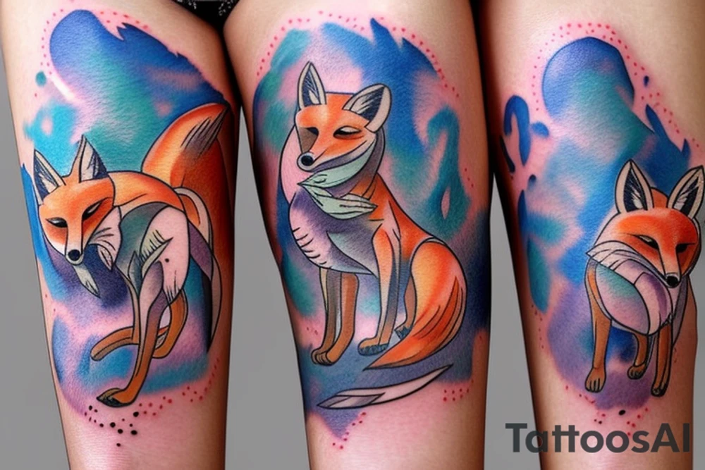 Twin foxes on side of thigh. tattoo idea