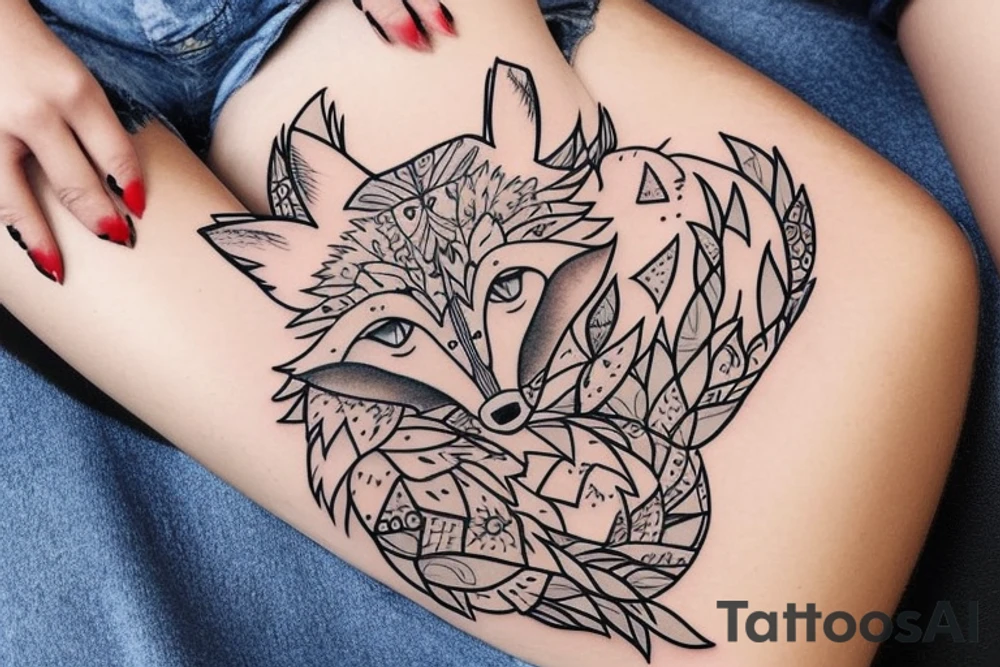 Winter fox + autumn fox side of thigh tattoo idea
