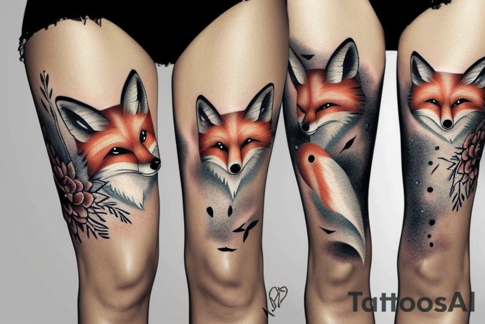 Winter fox + autumn fox side of thigh tattoo idea
