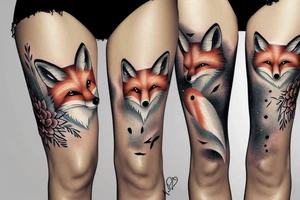 Winter fox + autumn fox side of thigh tattoo idea