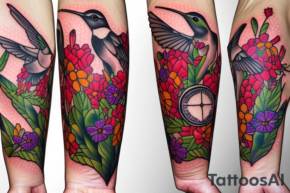 Wildflowers with three hummingbirds and sewing, quilting and nurse symbols tattoo idea