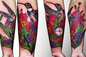 Wildflowers with three hummingbirds and sewing, quilting and nurse symbols tattoo idea