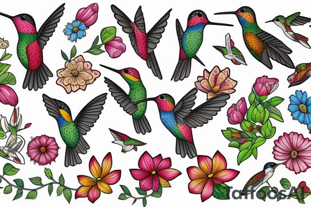 Wildflowers with three hummingbirds and sewing, quilting and nurse symbols tattoo idea