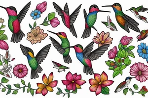 Wildflowers with three hummingbirds and sewing, quilting and nurse symbols tattoo idea