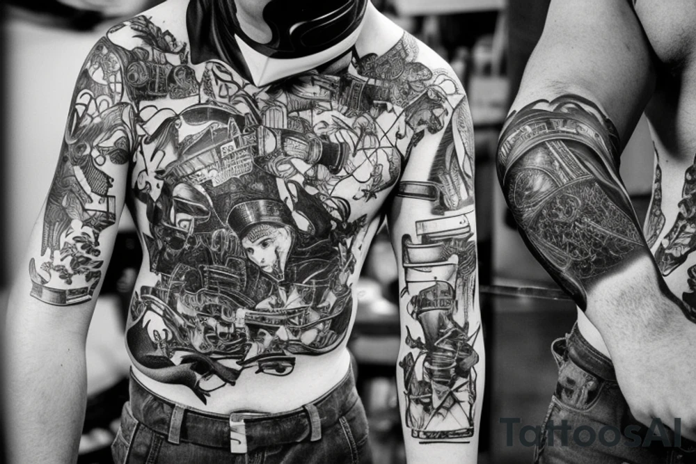 A young man welding, with the shadow or reflection being that of an older man (the father). Interspersed in this scene are elements like the motorcycle, tools, and the fern. tattoo idea